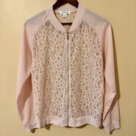 Majora Jackets & Blazers - Majora| Beautiful Feminine Blush Lace Bomber Zip Down Jacket Athleisure Sz L